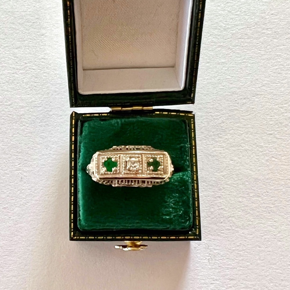 Vintage Art Deco 14k White Gold Emerald & Diamond Ring Size 6